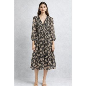 Dizzy Lizzy Chiffon Dress Womens Medium Black Floral V Neck Long Sleeve Midi